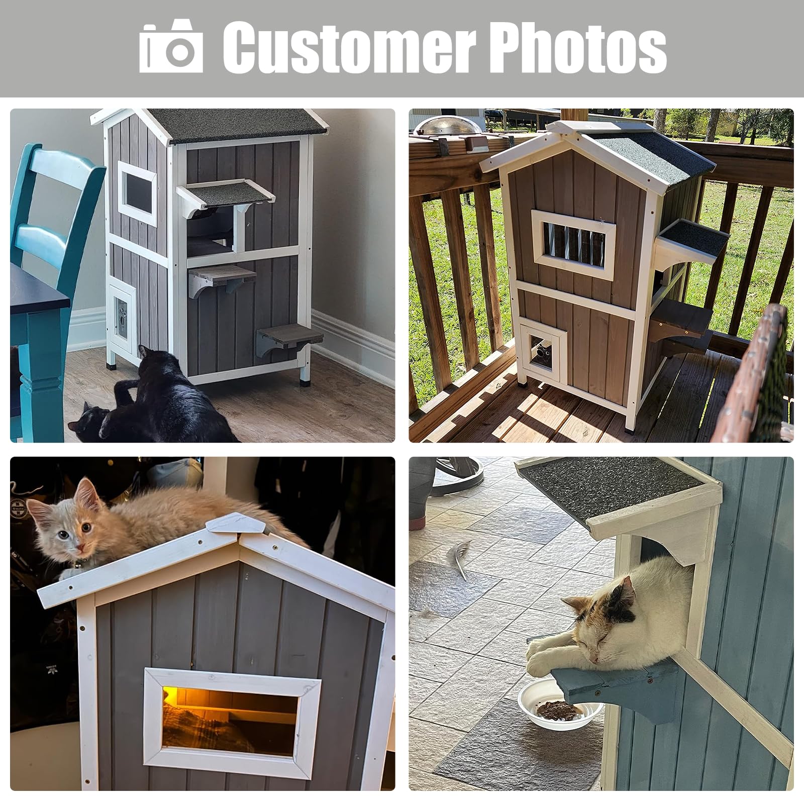 Petscosset Outdoor Cat Shelter Weatherproof, Two Story Wooden Outside Feral Cat House With Openable Roof, Escape Door